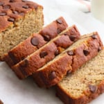 banana bread with almond flour sliced into thick pieces.