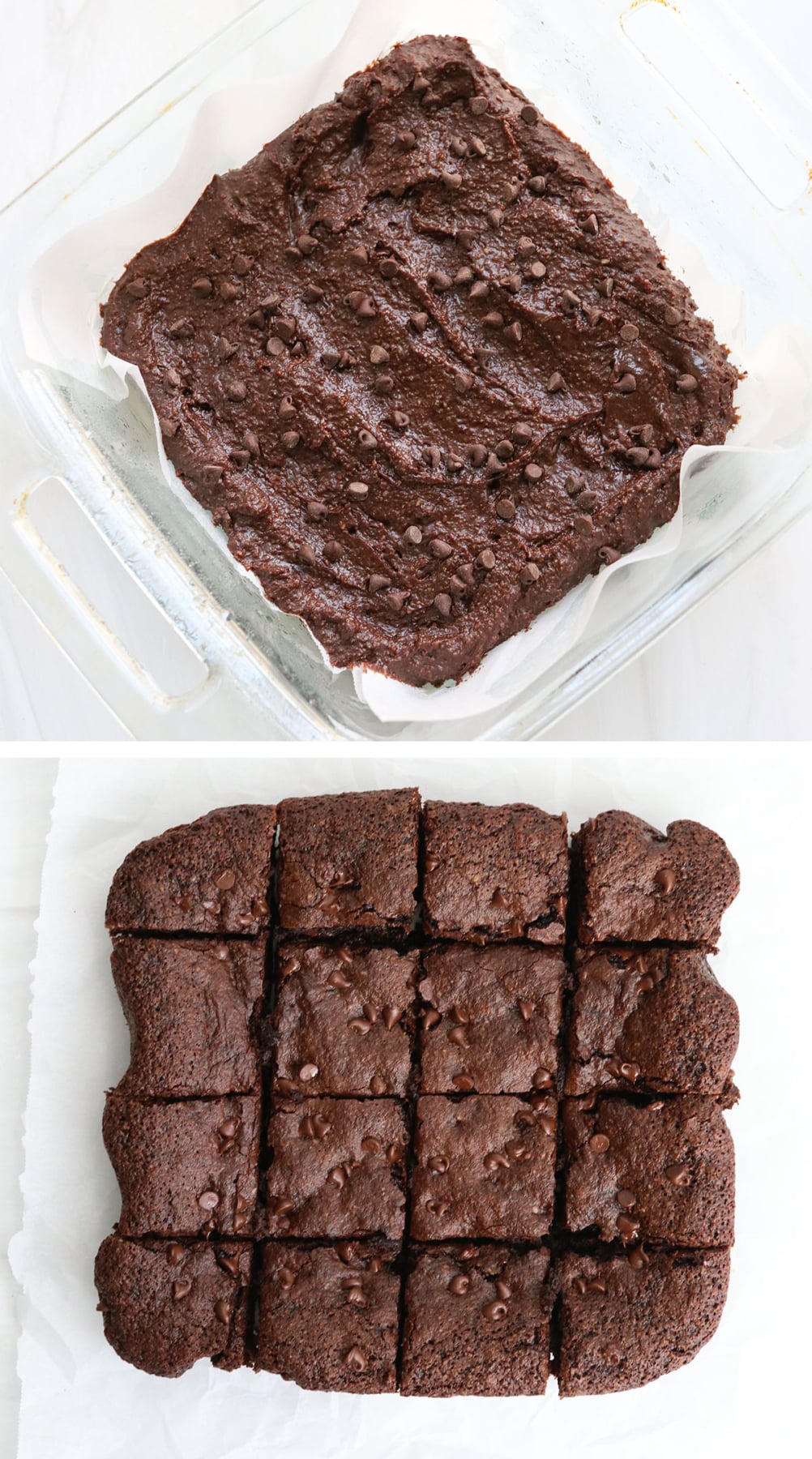 almond flour brownies before and after baking.