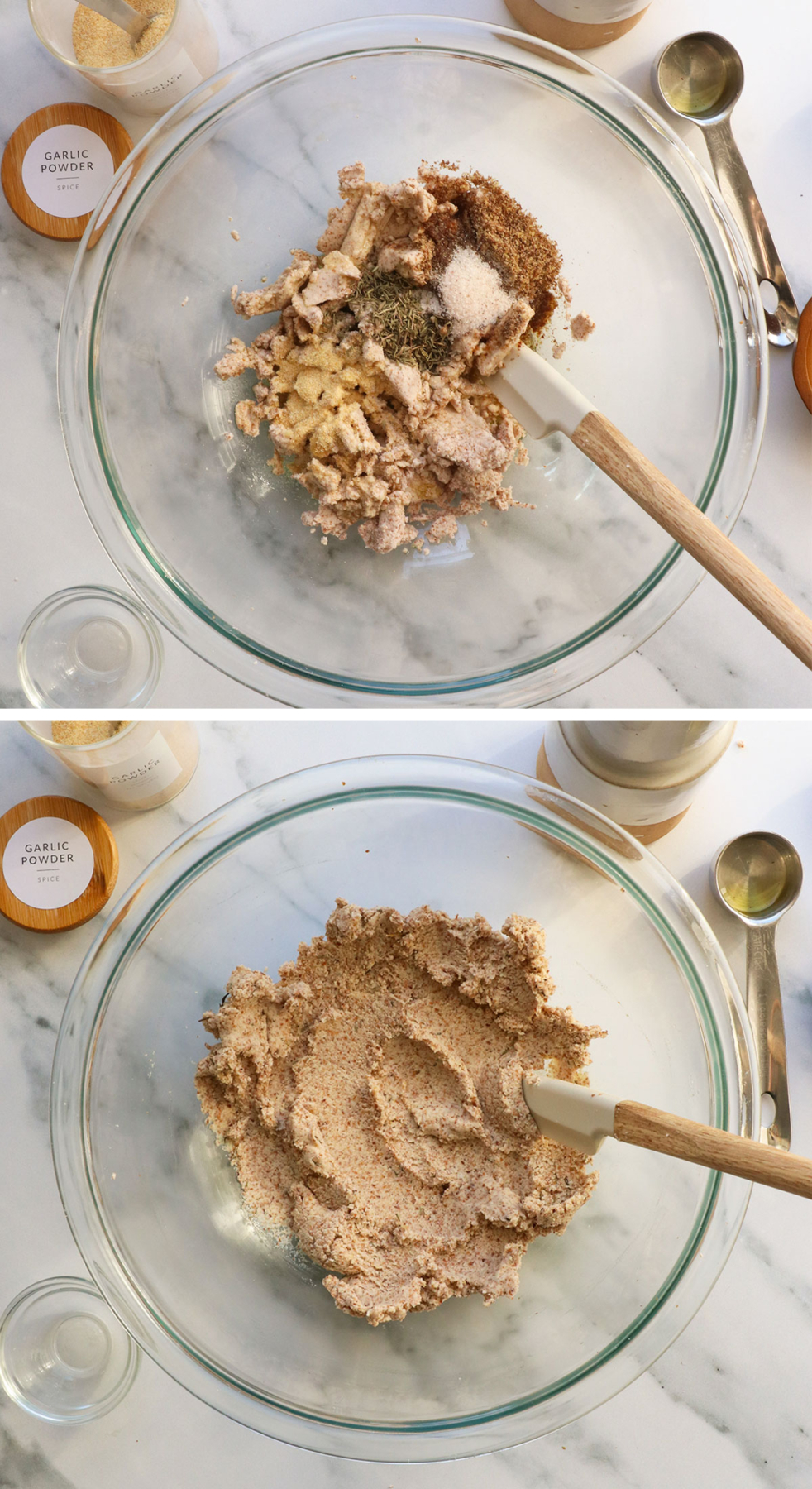 almond pulp mixed in a glass bowl with spices and olive oil.