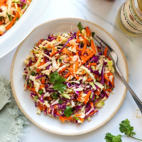 asian slaw with cilantro on a white plate.