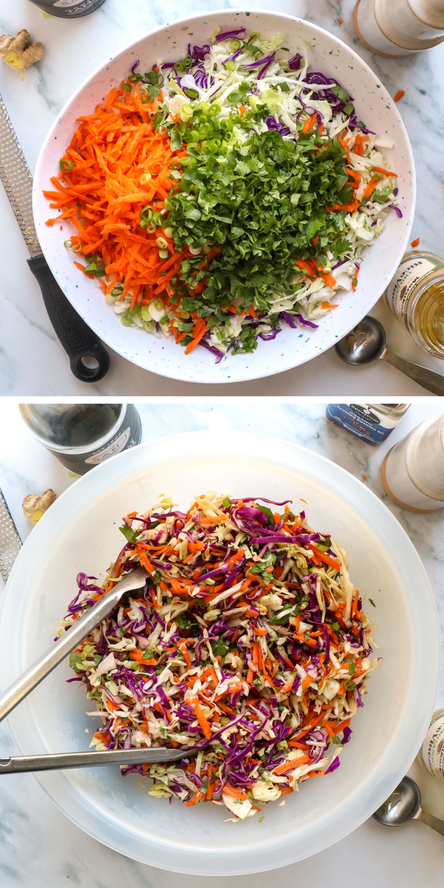 shredded veggies tossed with the dressing in a bowl.