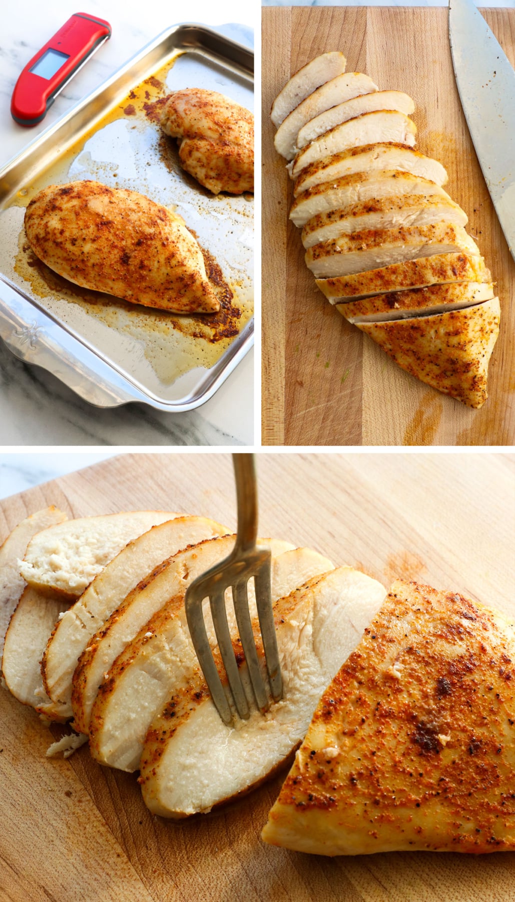 chicken resting on the pan and then sliced on a cutting board.