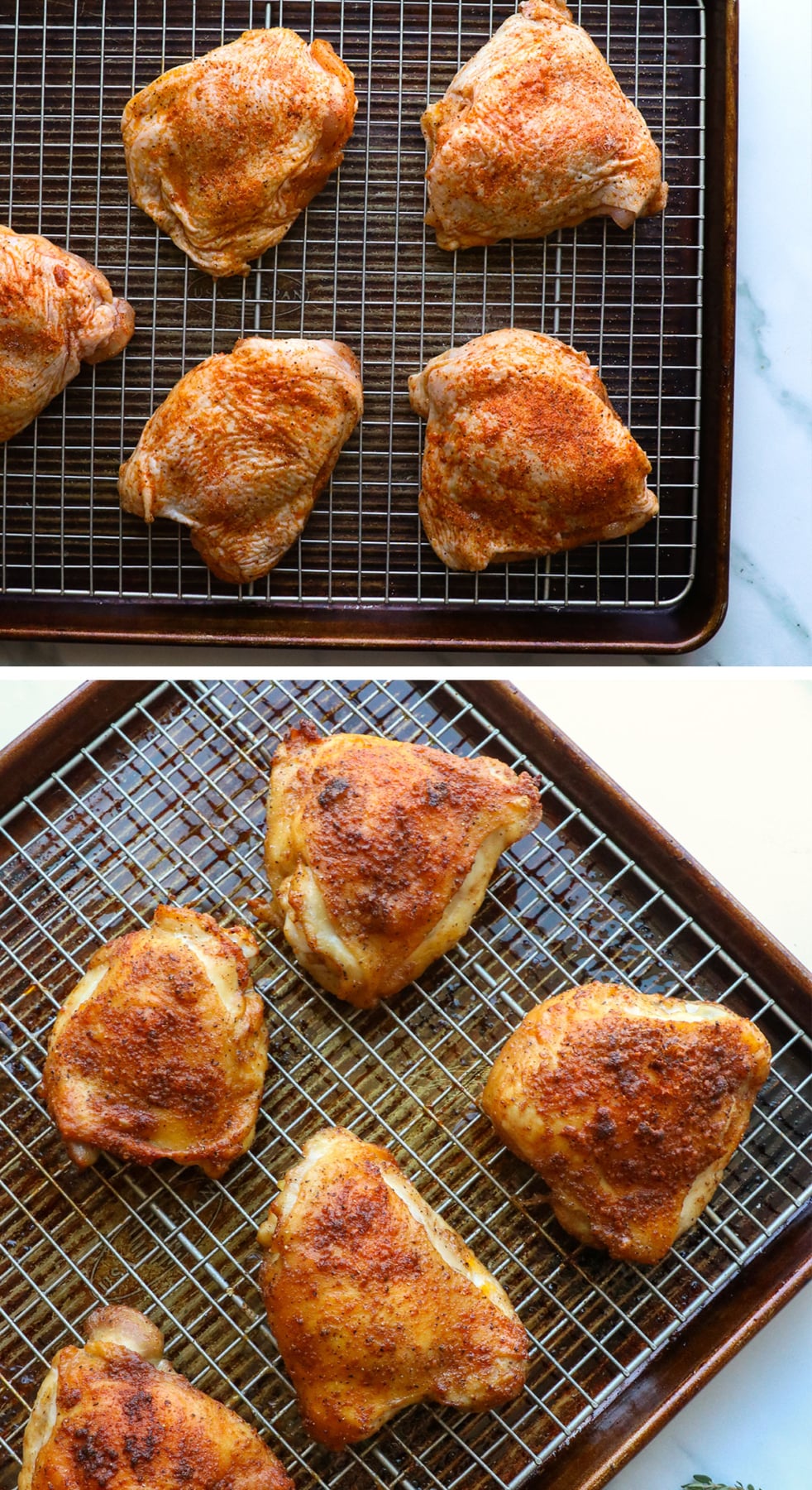 bone in chicken thighs on a baking sheet before and after baking them.