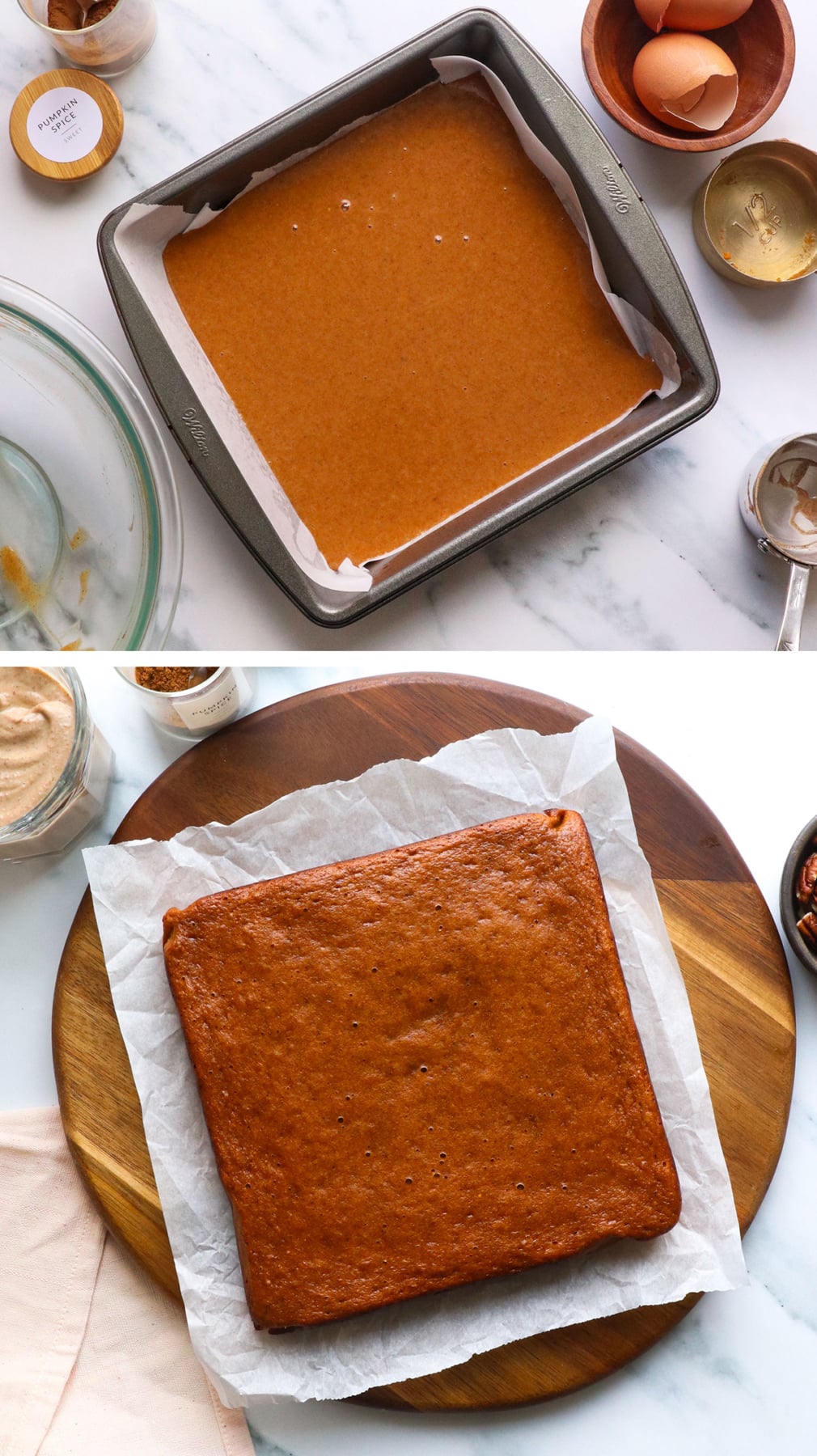 gluten-free pumpkin bars before and after baking in a pan.
