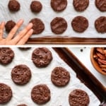 healthy chocolate cookies before and after baking on a sheet pan.