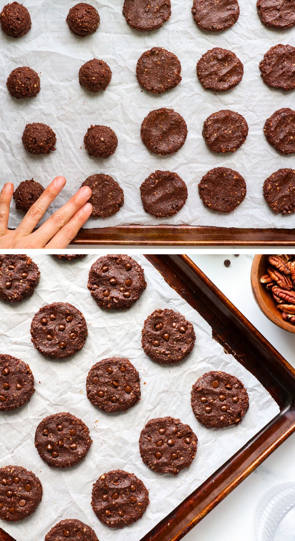 healthy chocolate cookies before and after baking on a sheet pan.