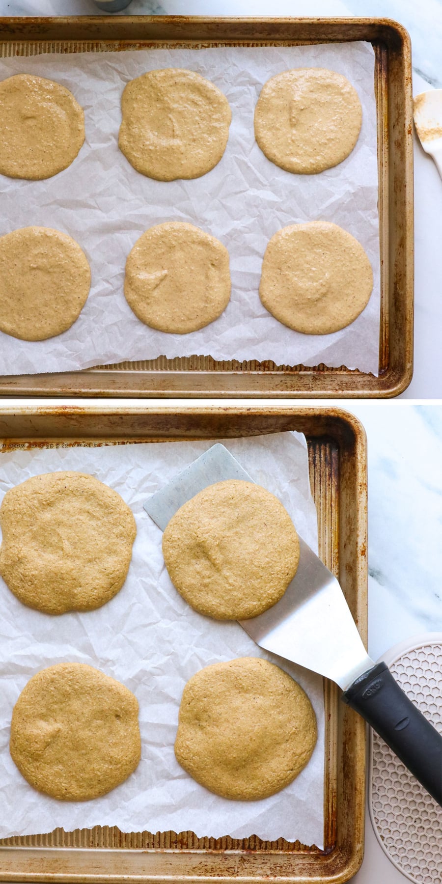 banana oatmeal pancakes before and after baking on a sheet pan.