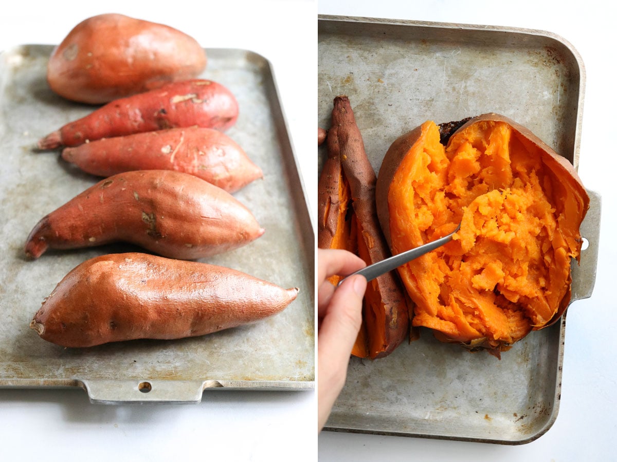 baked sweet potatoes on pan