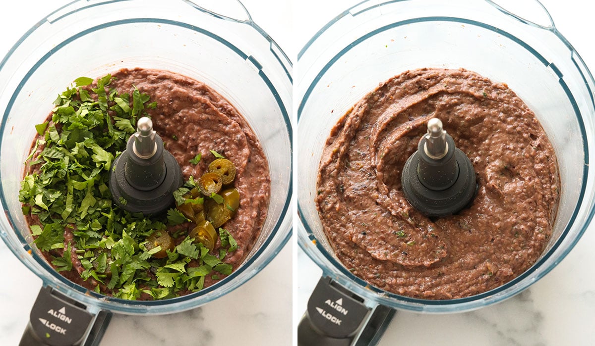 cilantro and jalapenos blended with bean dip in a food processor.
