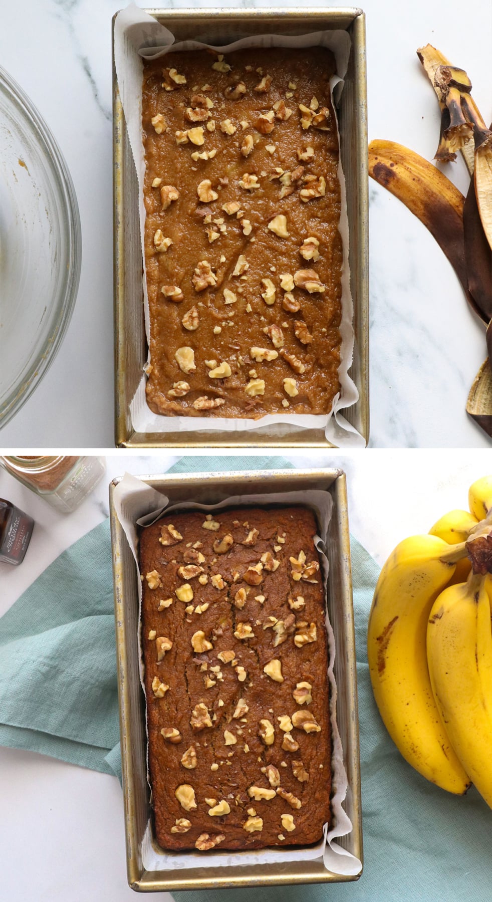 coconut flour banana bread before and after baking.