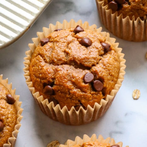 close up of a banana oatmeal muffin that's made without flour.