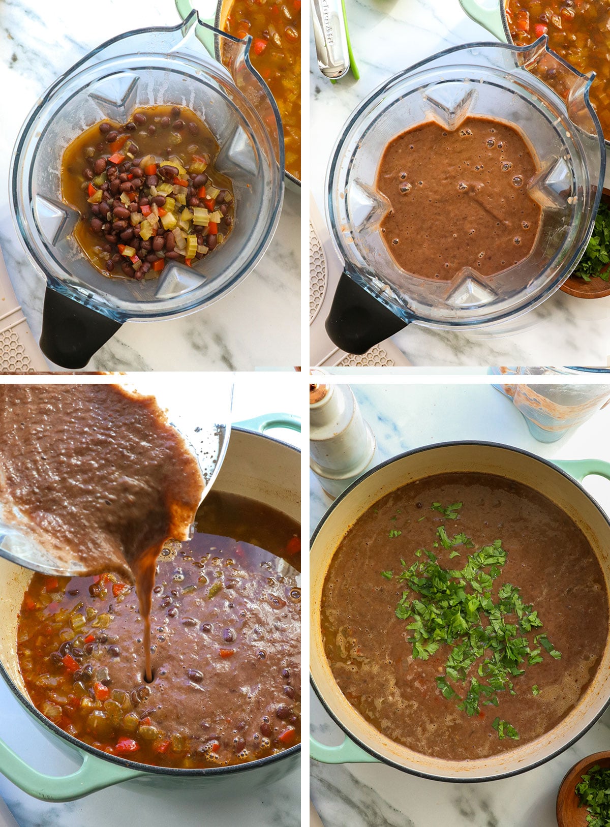 black bean soup blended and added back to the pot.