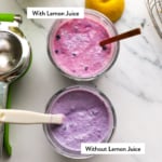 blueberry chia pudding with and without lemon juice added.