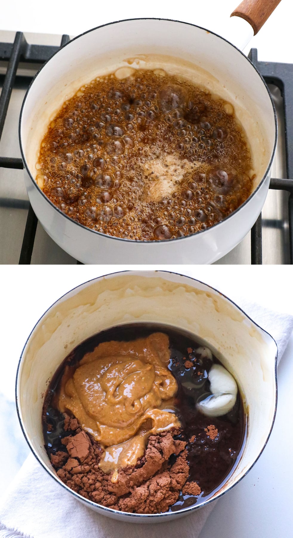 maple syrup boiled in pan with nut butter and cacao powder added in.