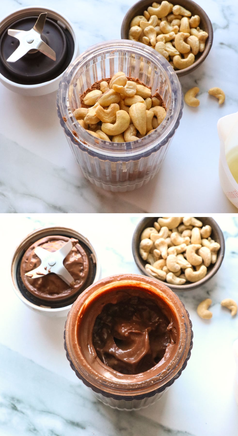 cashews, coconut oil, milk, and cacao powder blended until smooth in a small blender.