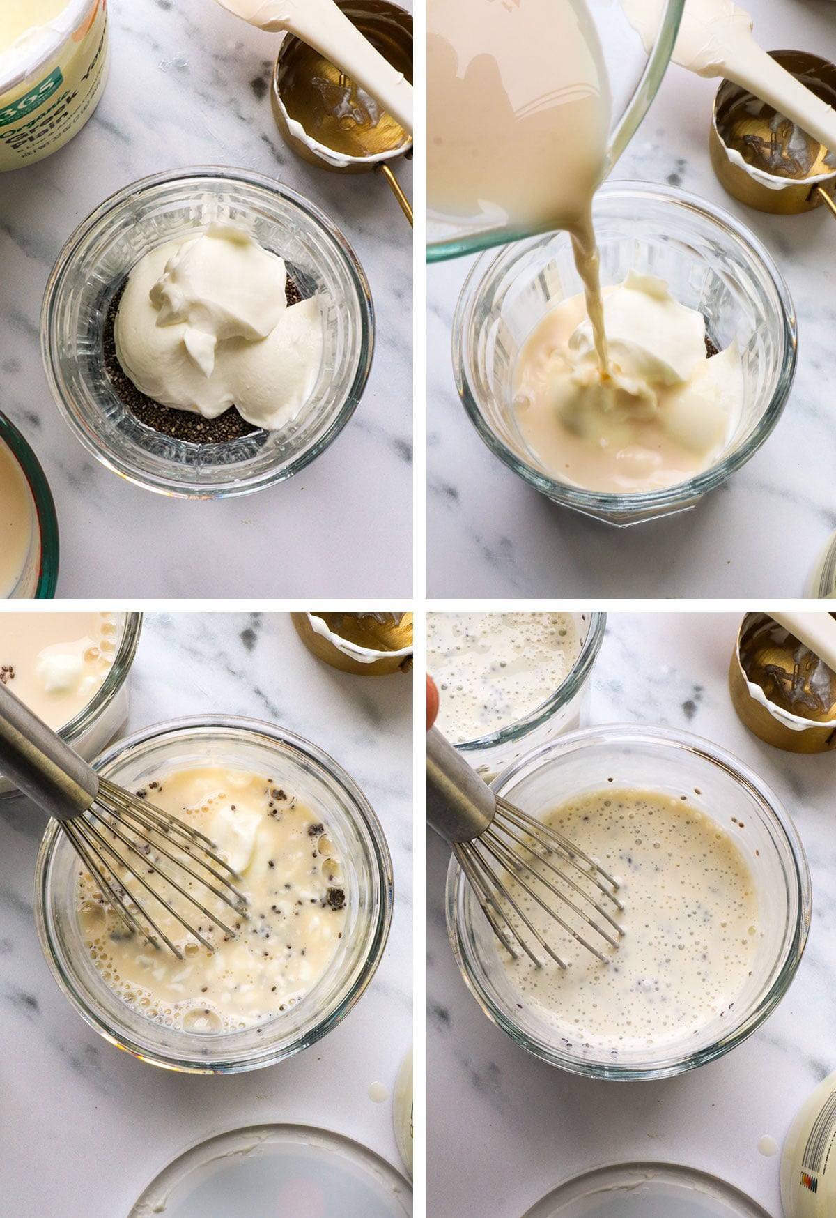 yogurt and milk whisked with chia seeds in a jar. 