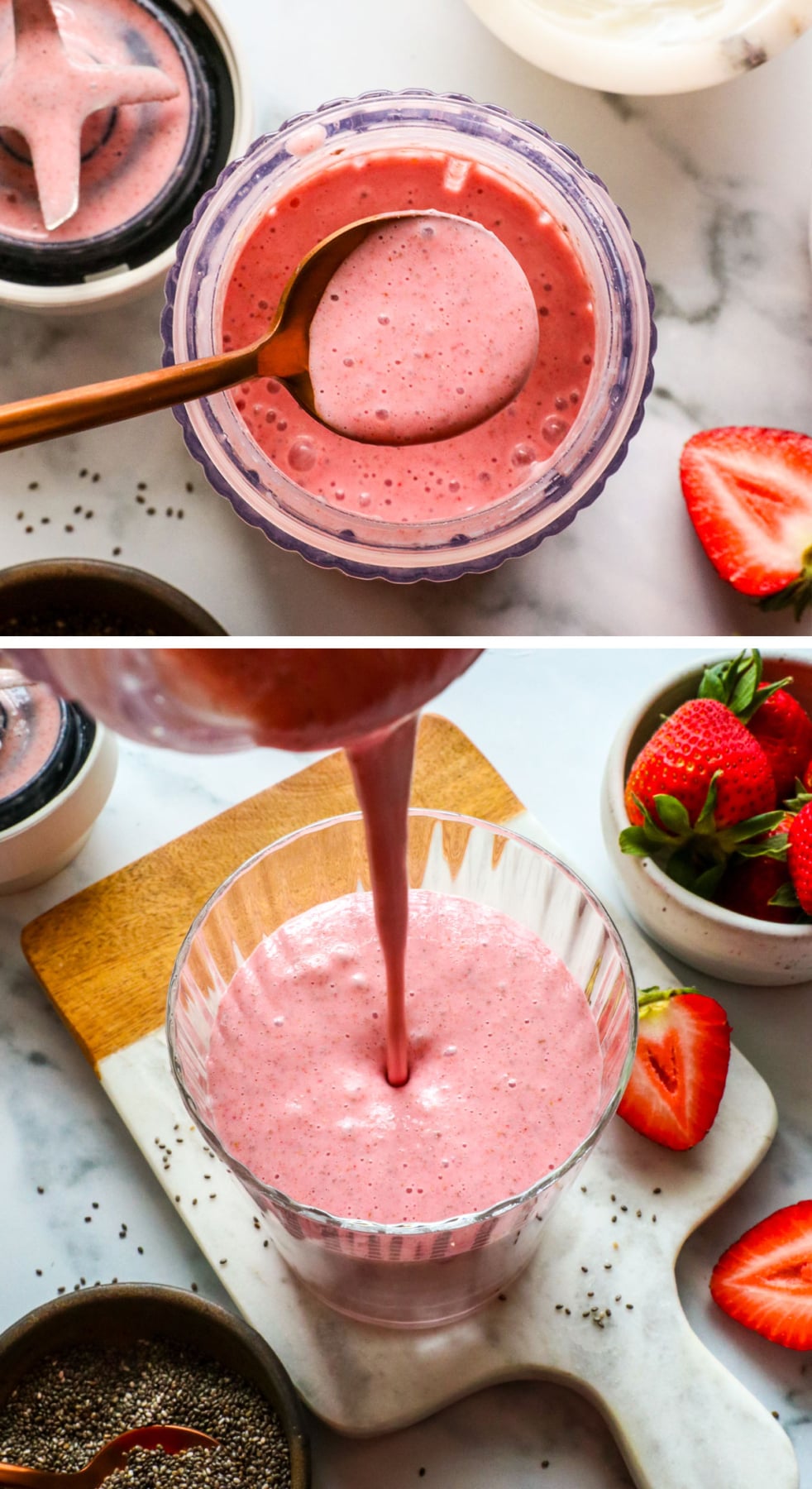 chia seed smoothie with strawberries blended and poured into a glass.
