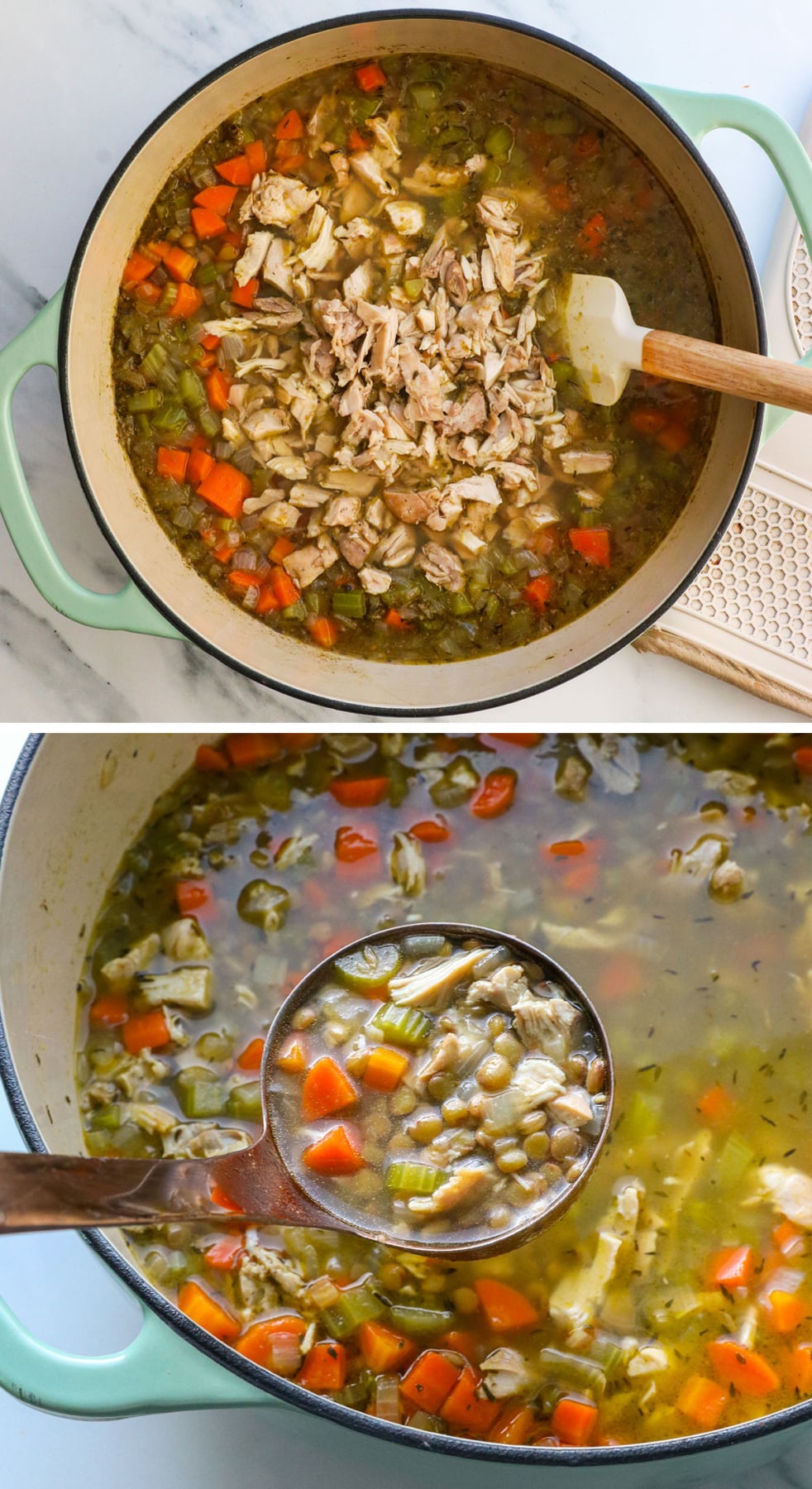 shredded chicken added to lentil soup.