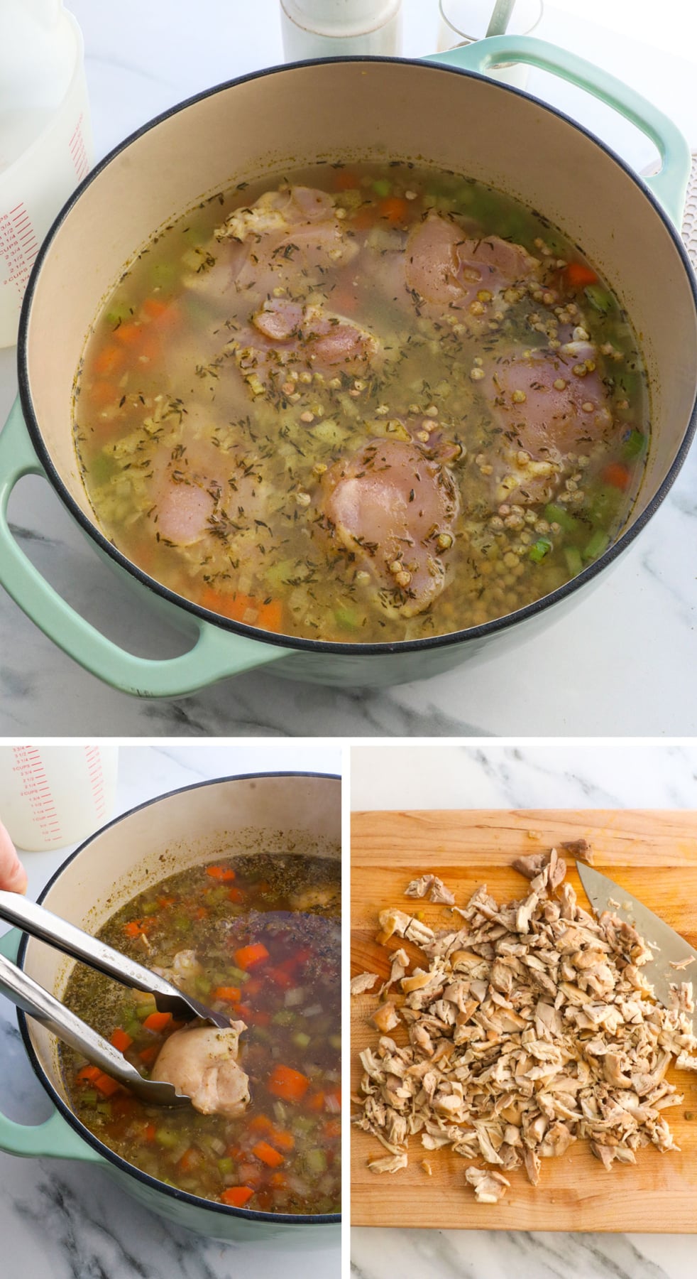 raw chicken added to soup, then cooked and shredded.
