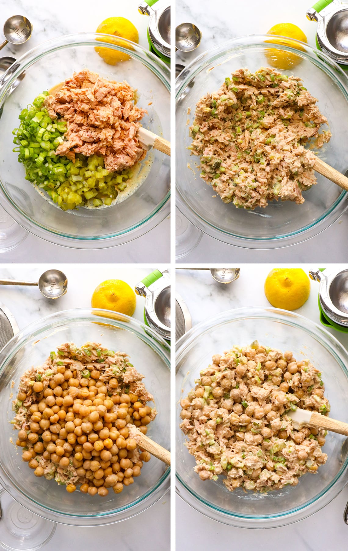 chickpeas, tuna, and veggies stirred into the bowl of dressing.