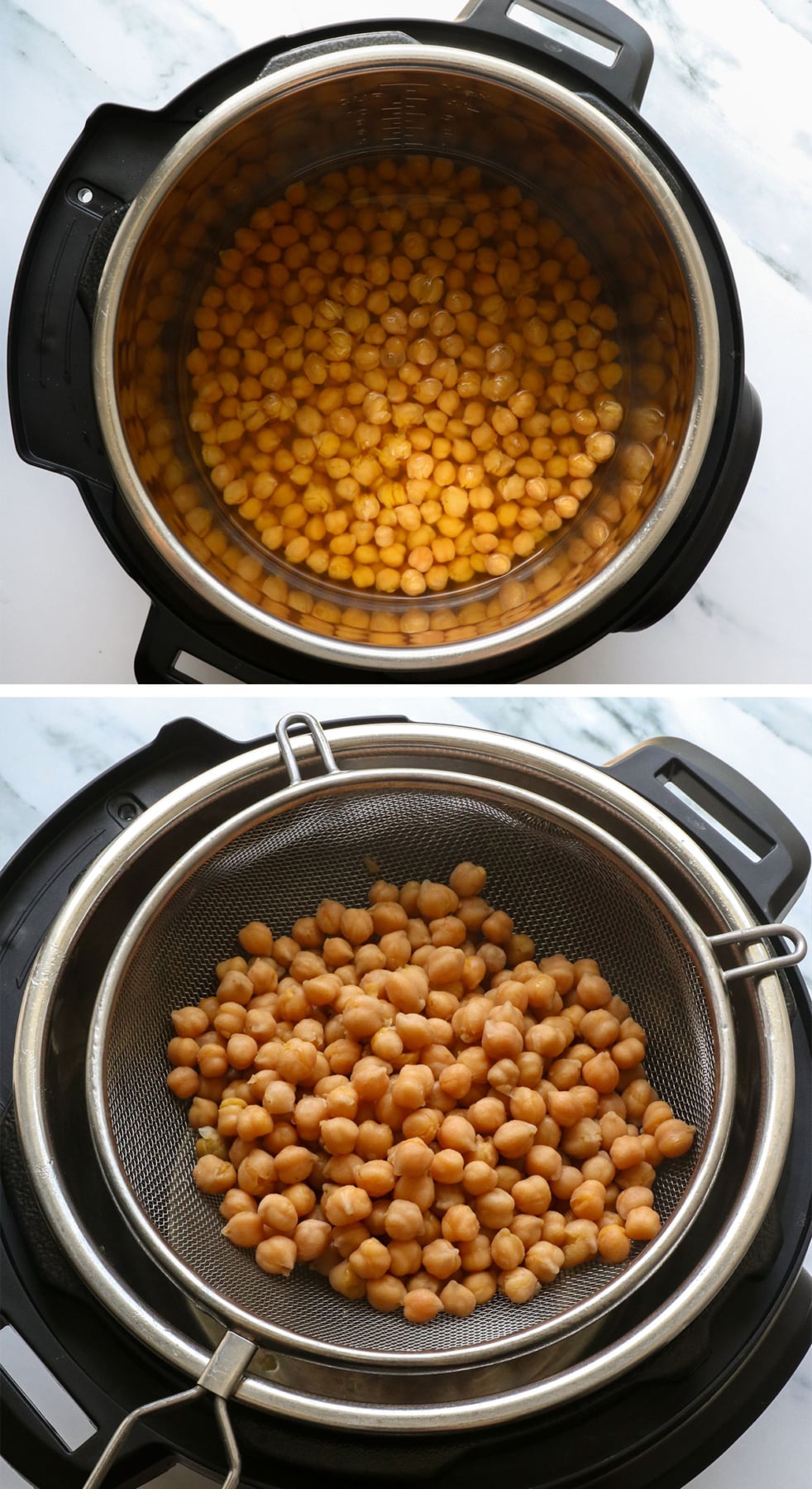chickpeas in the instant pot and drained in fine mesh strainer.