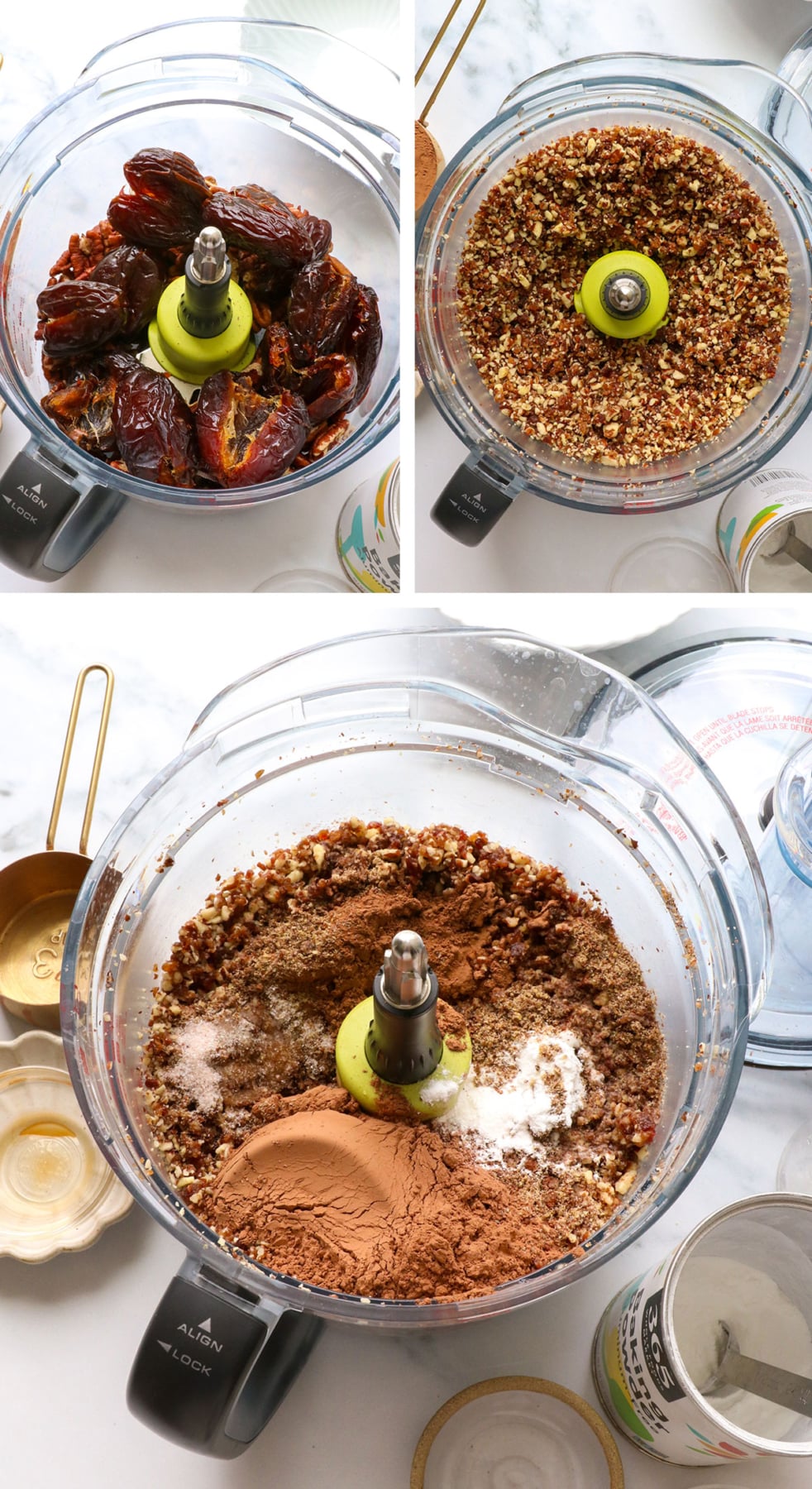 dates and pecans pulsed in a food processor with cacao powder added in.
