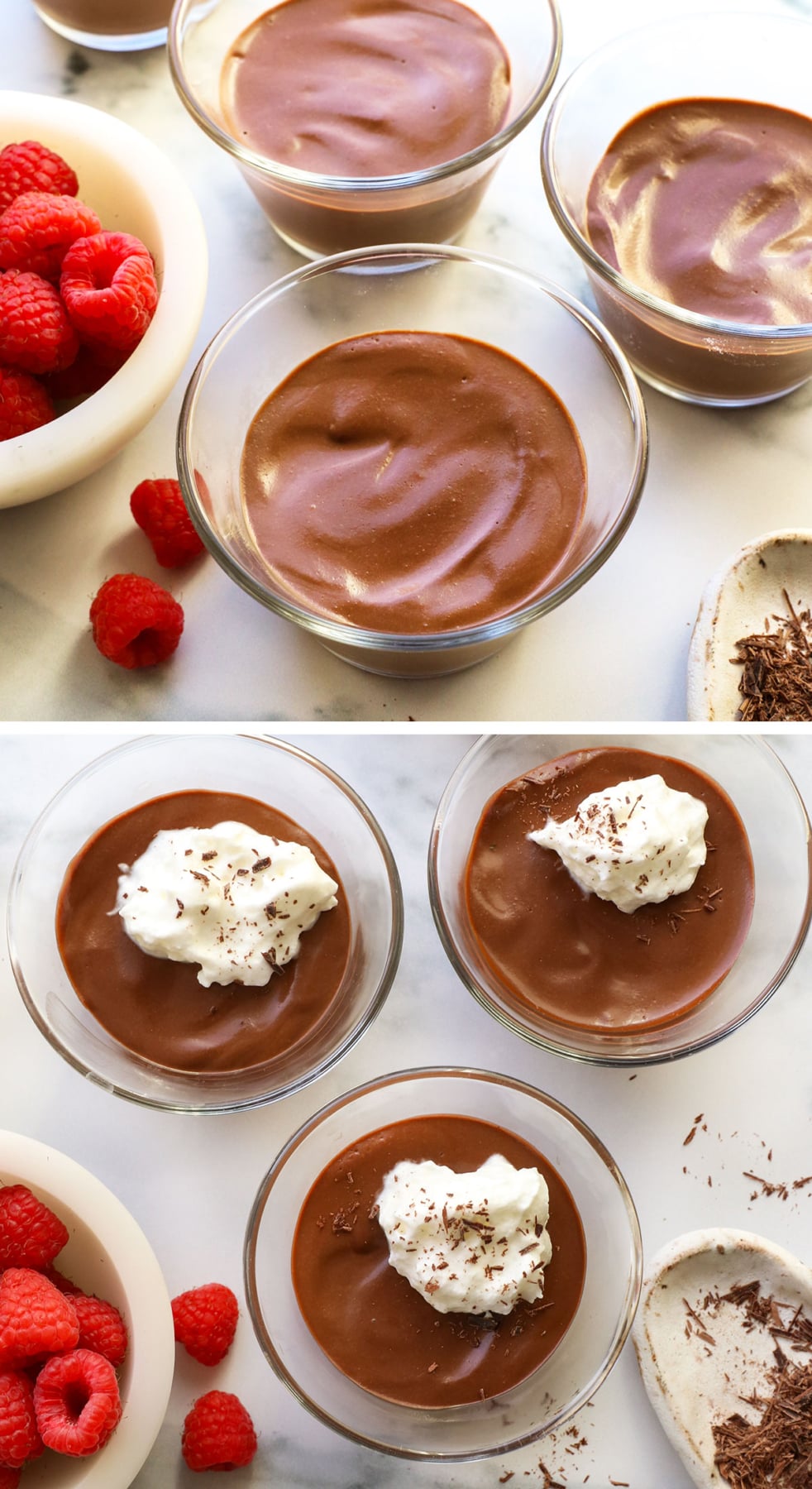 chilled pots de creme topped with whipped cream and raspberries.