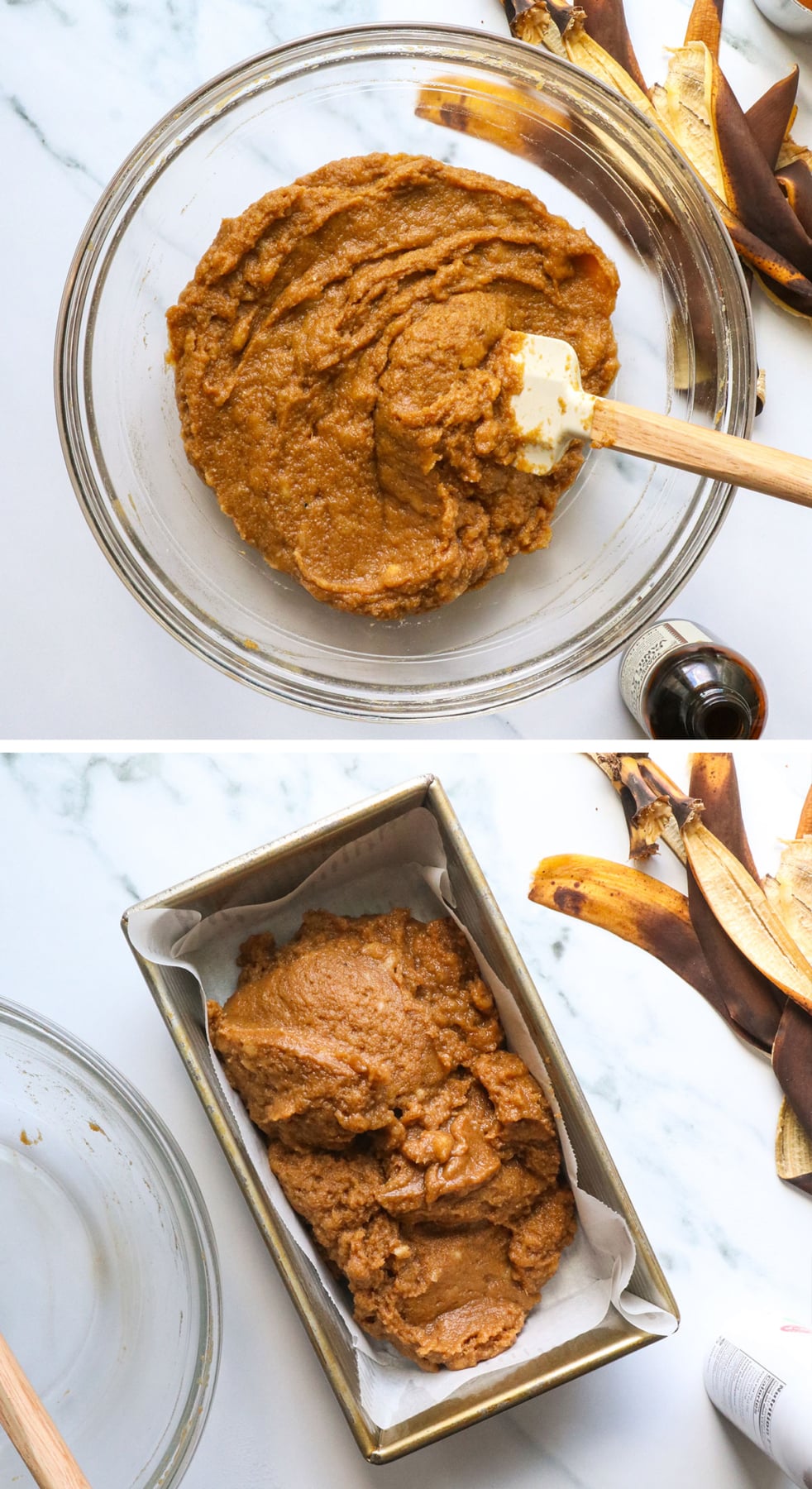 banana bread batter mixed and transferred to a lined pan.
