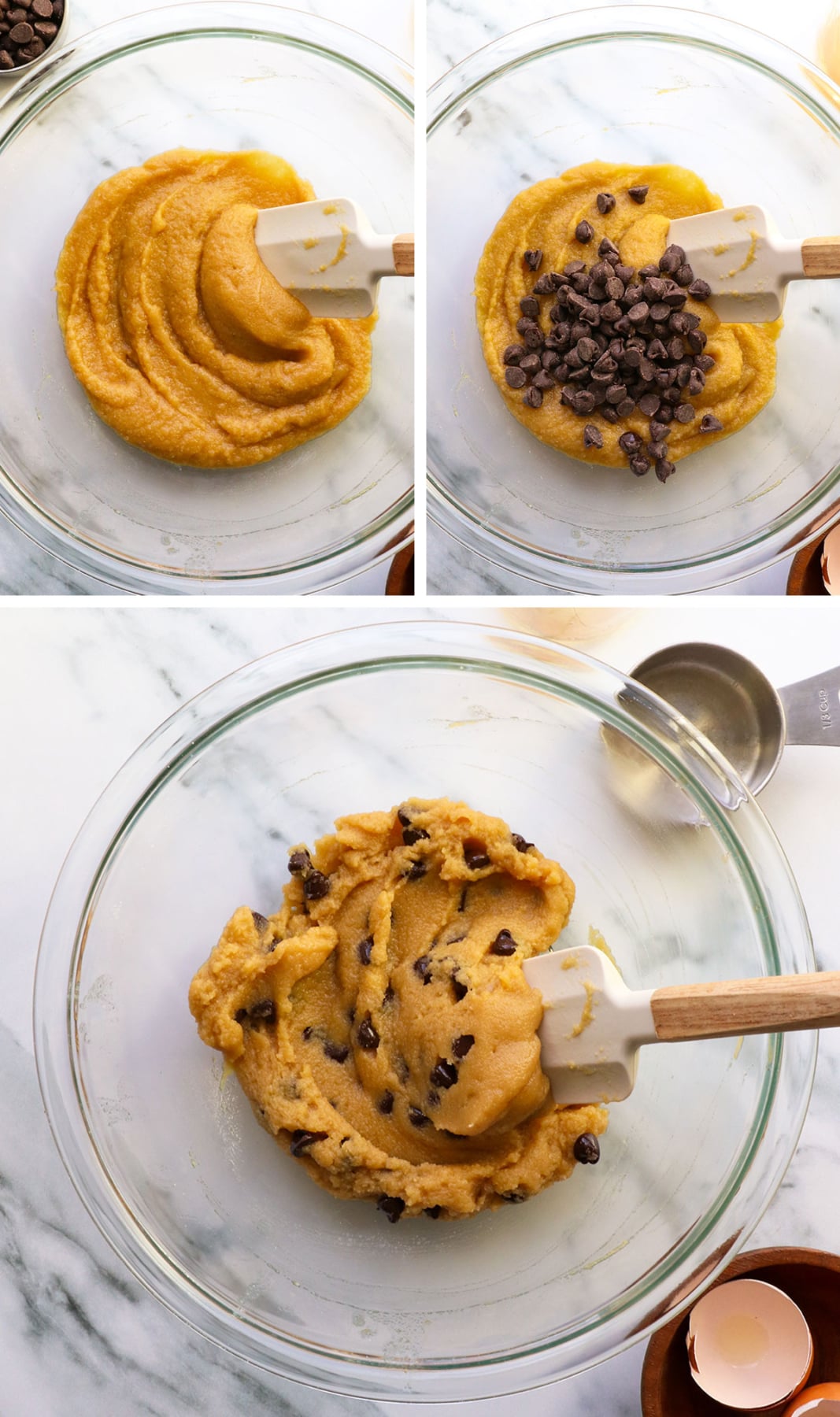 coconut flour cookie dough mixed with chocolate chips folded in.