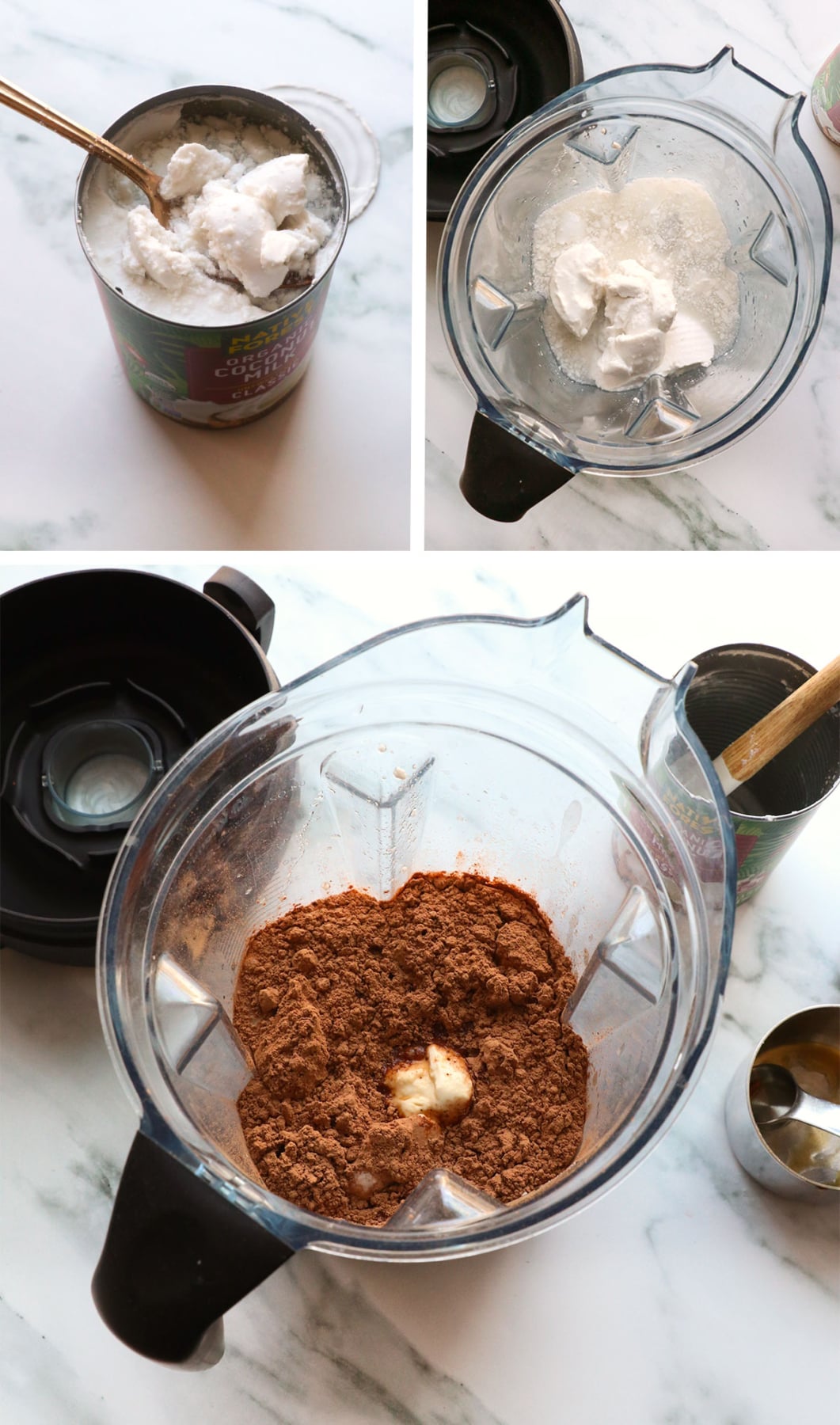 can of coconut milk opened to show separation and ingredients added to blender.