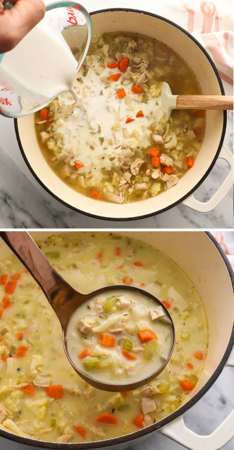 coconut milk added to turkey soup and lifted on a ladle.