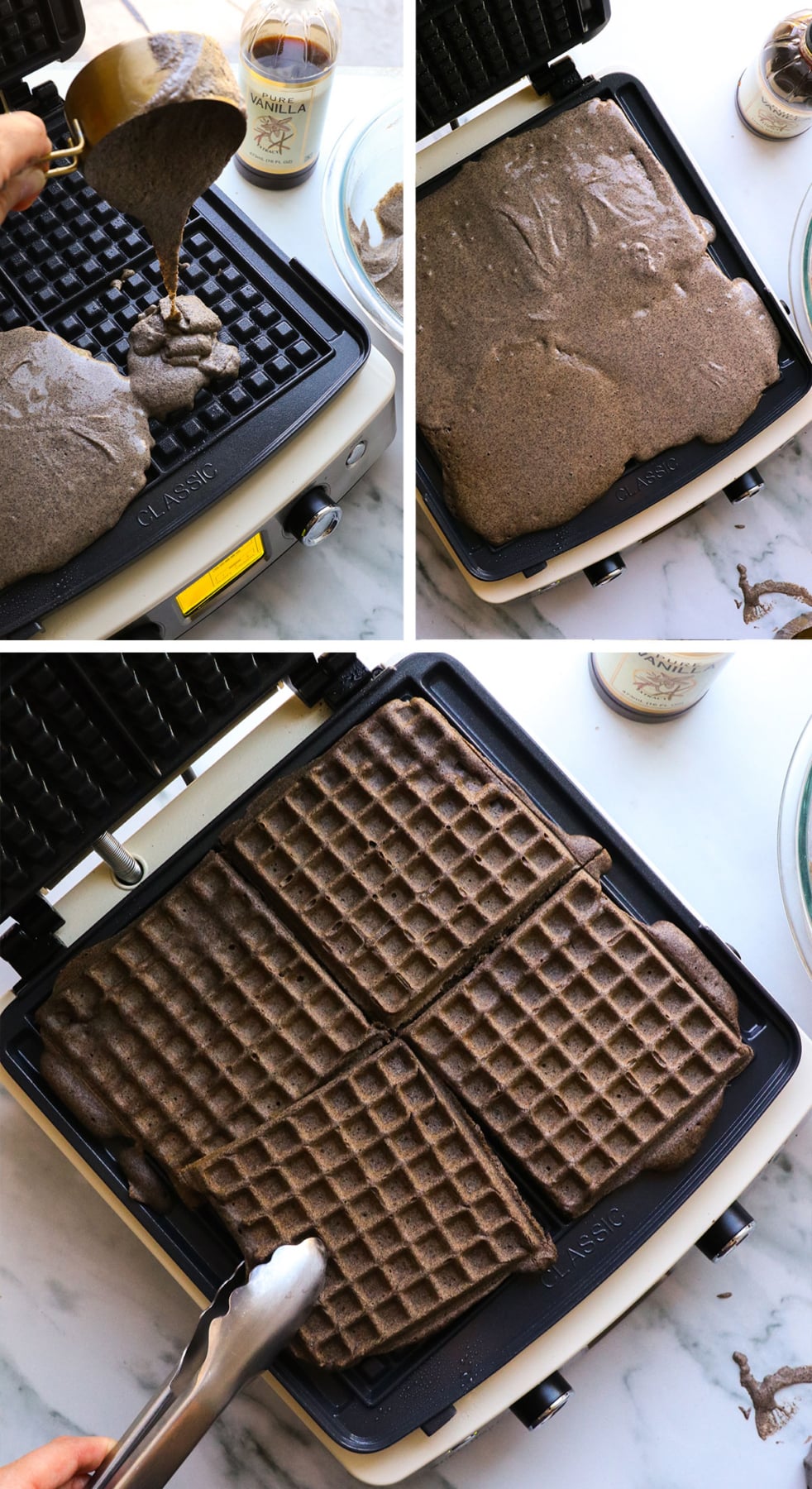 buckwheat waffles cooked on a large waffle iron that has 4 waffles cooking at a time.