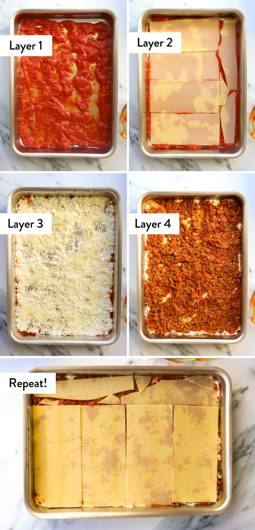 layers of cottage cheese and meat sauce added to a lasagna pan and labeled.