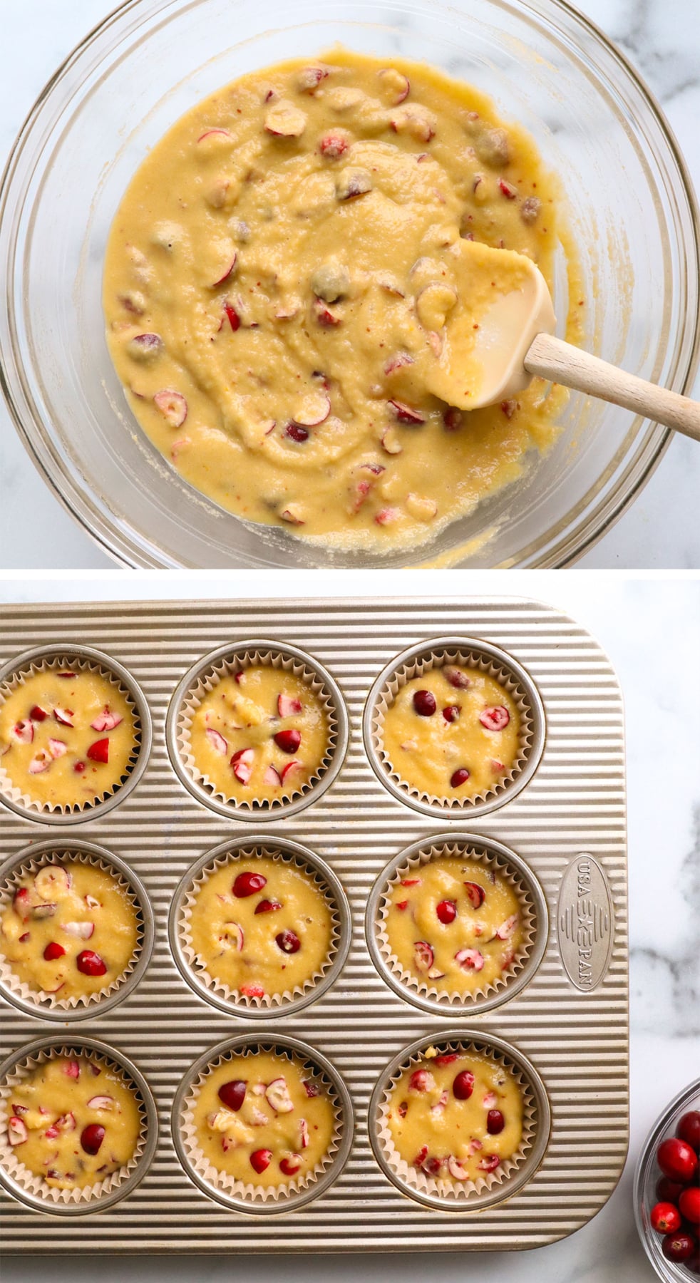 cranberries stirred into muffin batter and added to muffin pan.