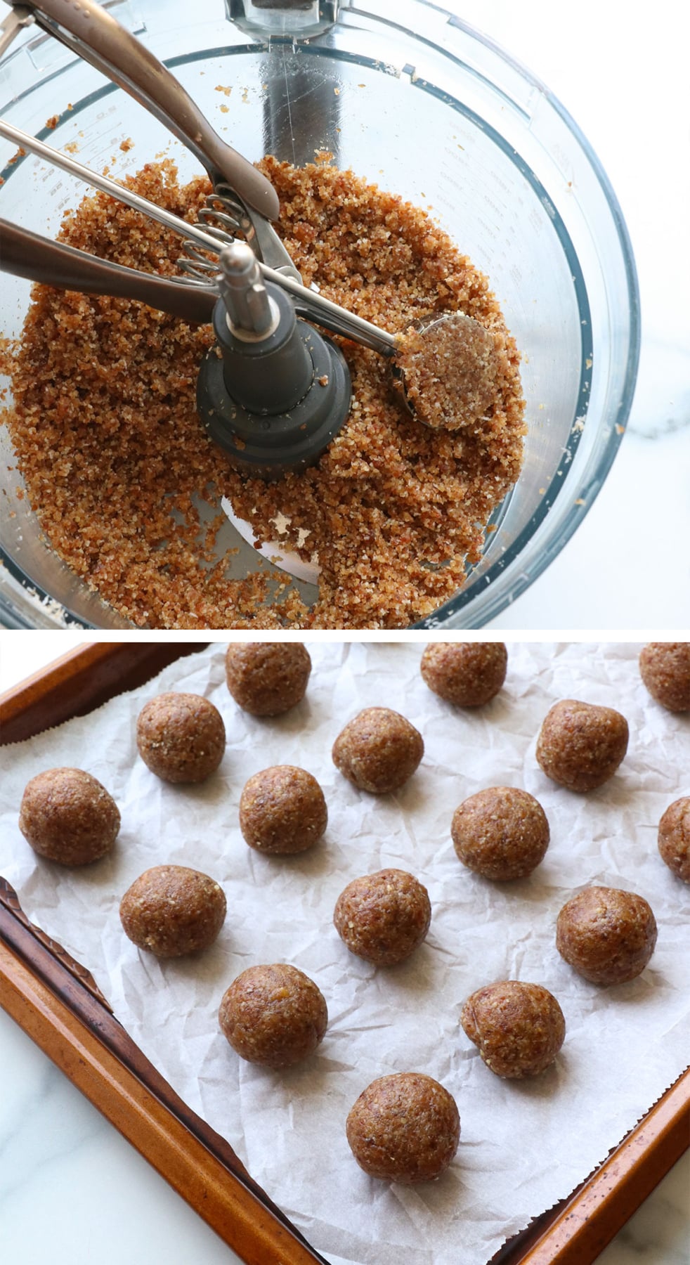 date mixture scooped and rolled into balls on a lined pan.