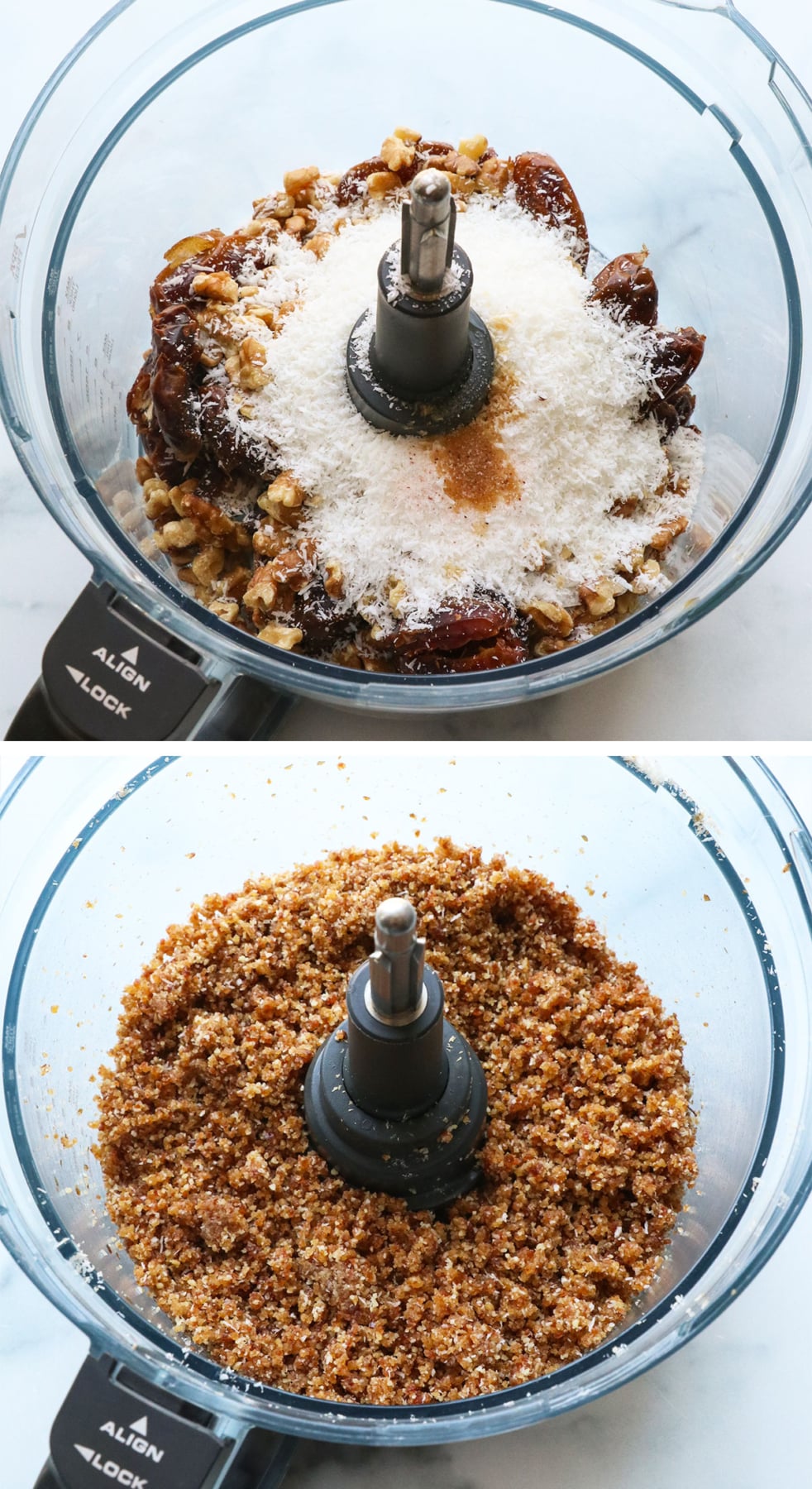dates, coconut, walnuts, and vanilla in a food processor mixed.