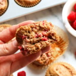 fluffy date sweetned muffin split in half to show the texture.