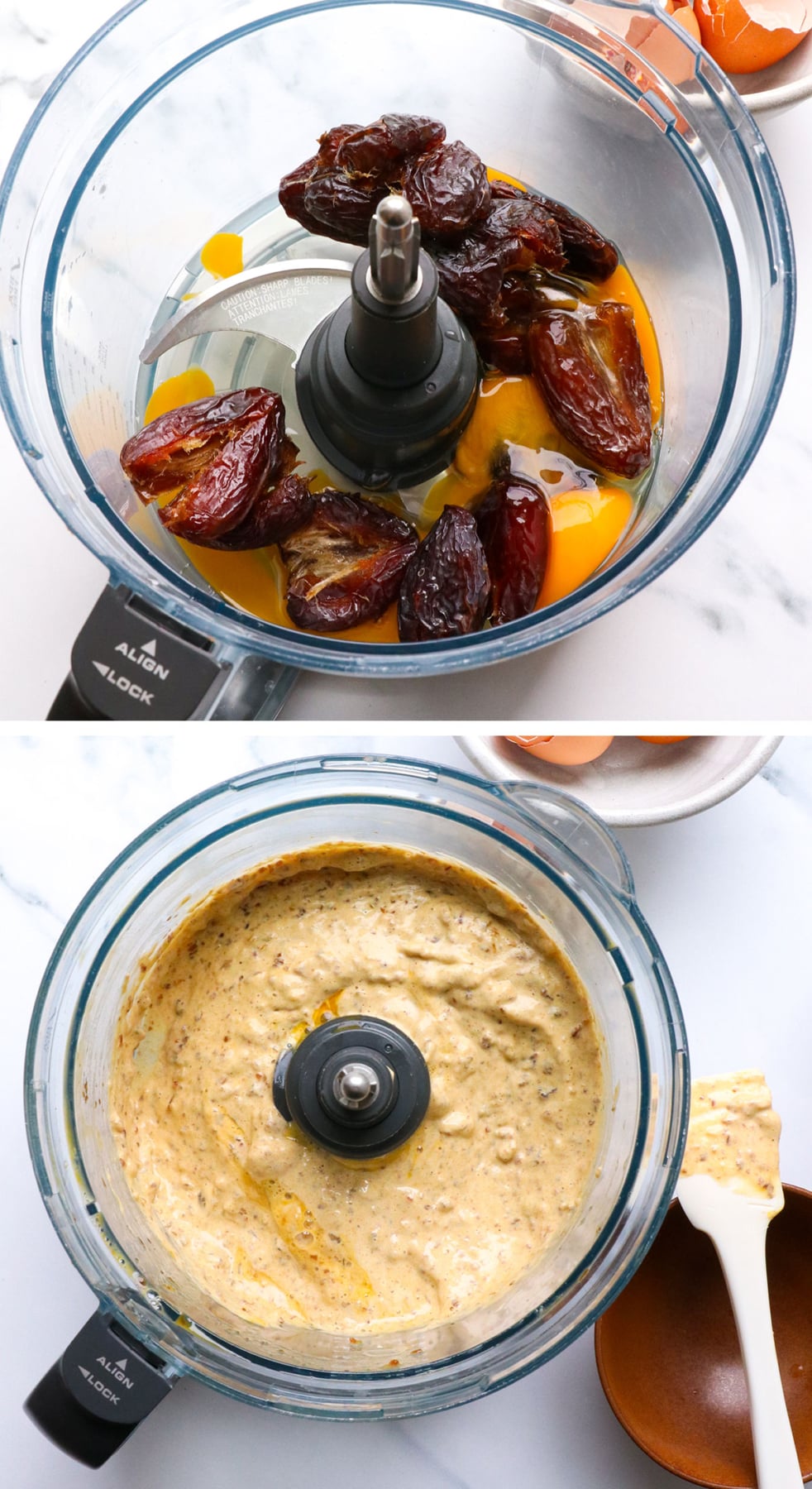 dates and eggs blended together in the food processor.