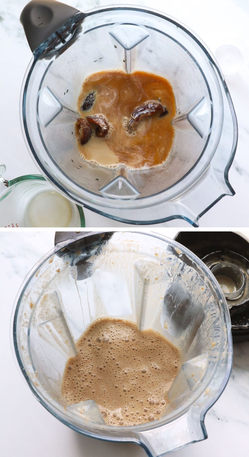 dates blended with coffee, milk, and collagen for a smoothie.
