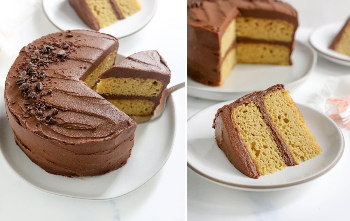 two photos of the 2-layer almond flour cake decorated with chocolate frosting