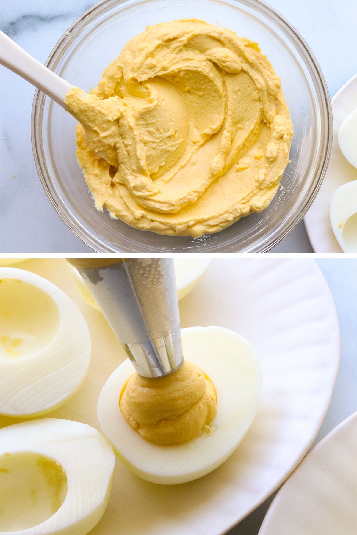 egg yolk mixture in bowl and piped into egg white halves.