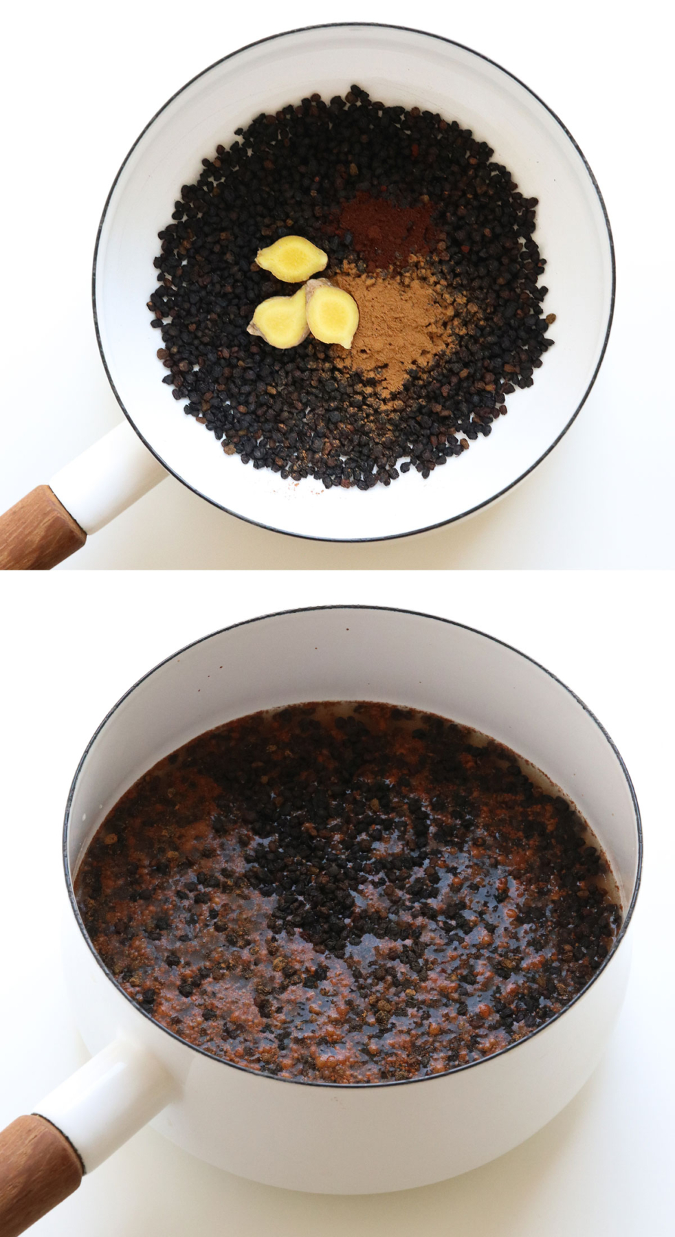 dried elderberries, ginger, and spices simmered with water in a white pot.