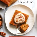 gluten free pumpkin bar topped with glaze and labeled for pinterest.
