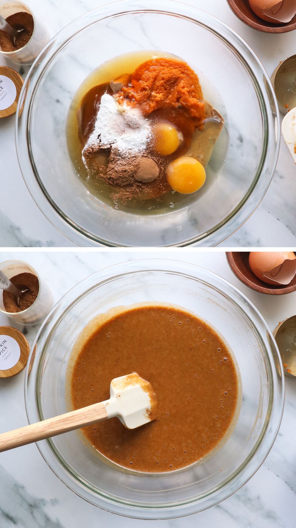 grain free pumpkin bar batter mixed in a glass bowl with a white spatula.