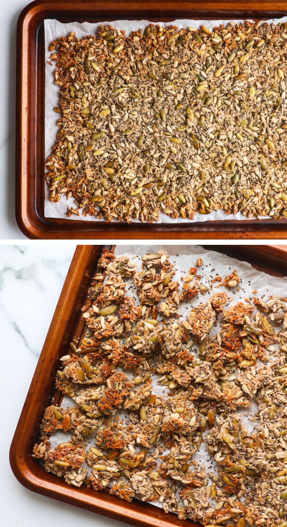 paleo granola baked on a pan and broken into pieces.