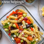 greek pasta salad labeled for Pinterest.