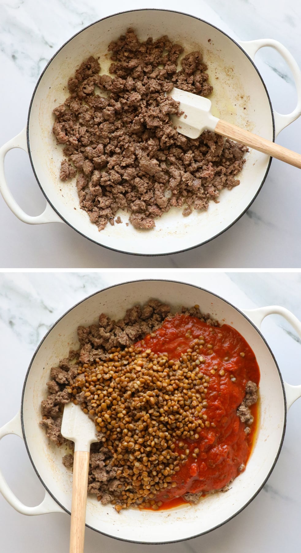 ground beef cooked and mixed with lentils and marinara sauce.