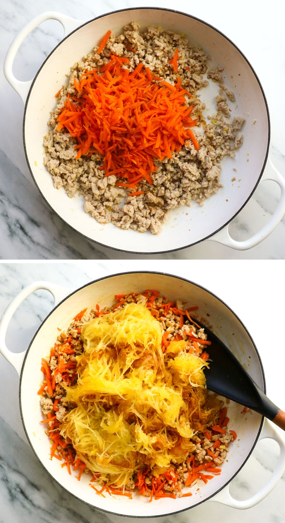 shredded carrot added to chicken and squash added to the pan.