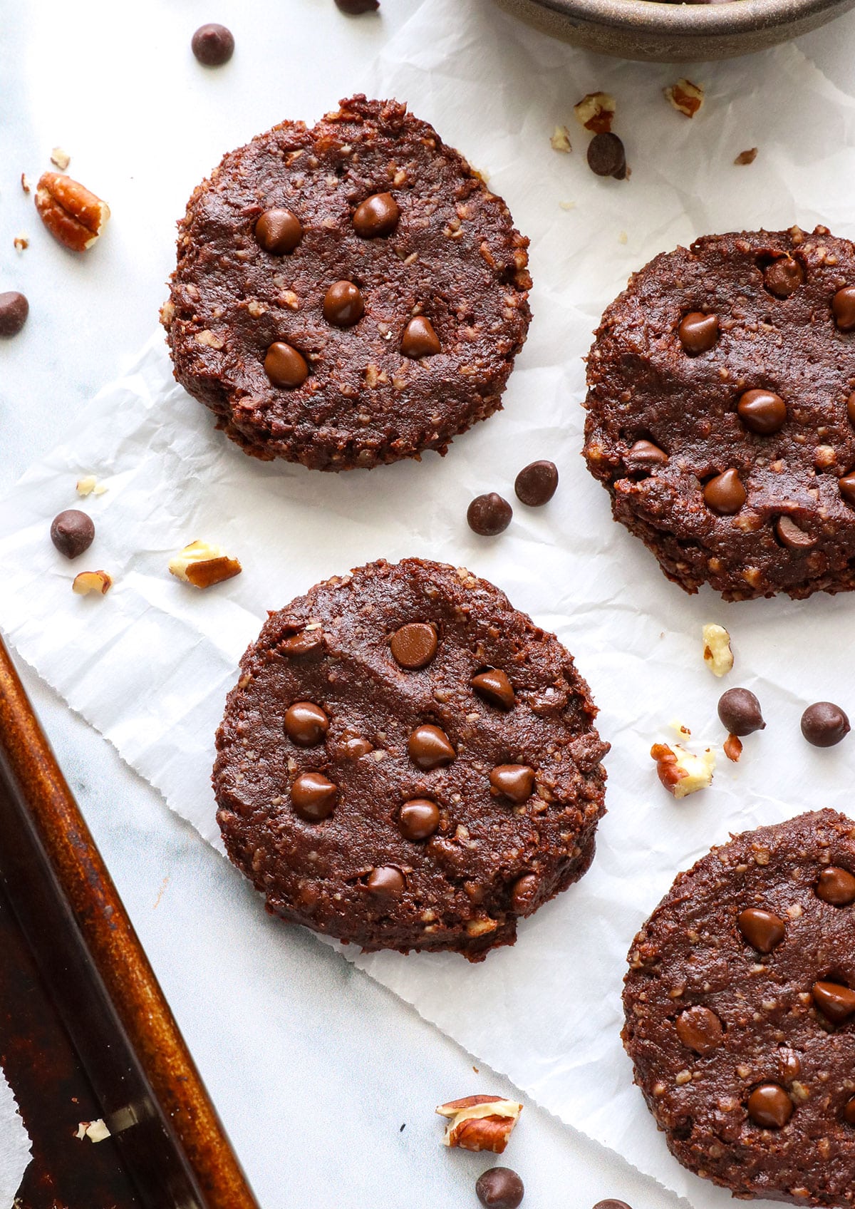 healthy chocolate cookies baked on a pan.