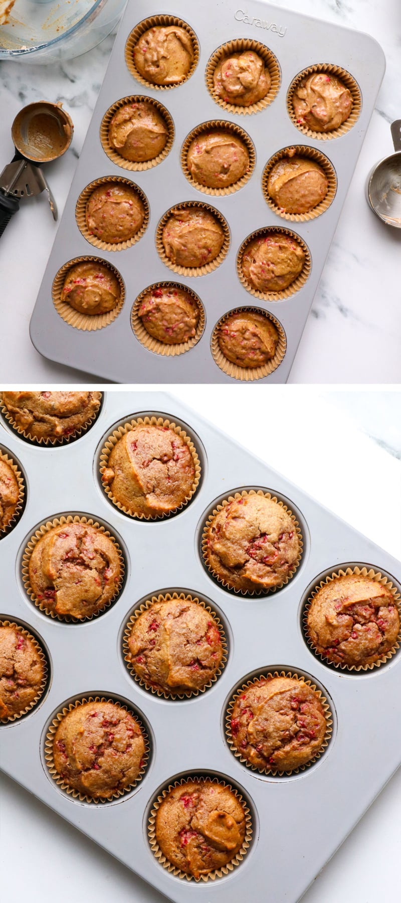 healthy muffins before and after baking in a pan.